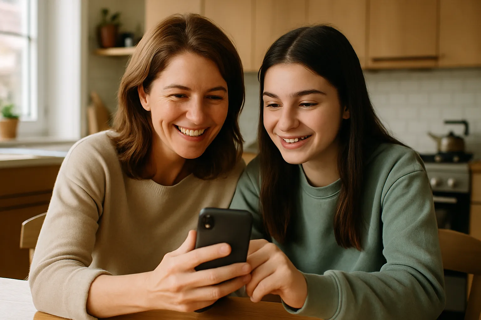 Mother and daughter using a phone